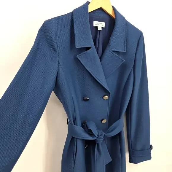 Tahari ASL 2 Belted Trenchcoat Coat Slate Blue Tie Midi Double Breasted Collared - Picture 5 of 12